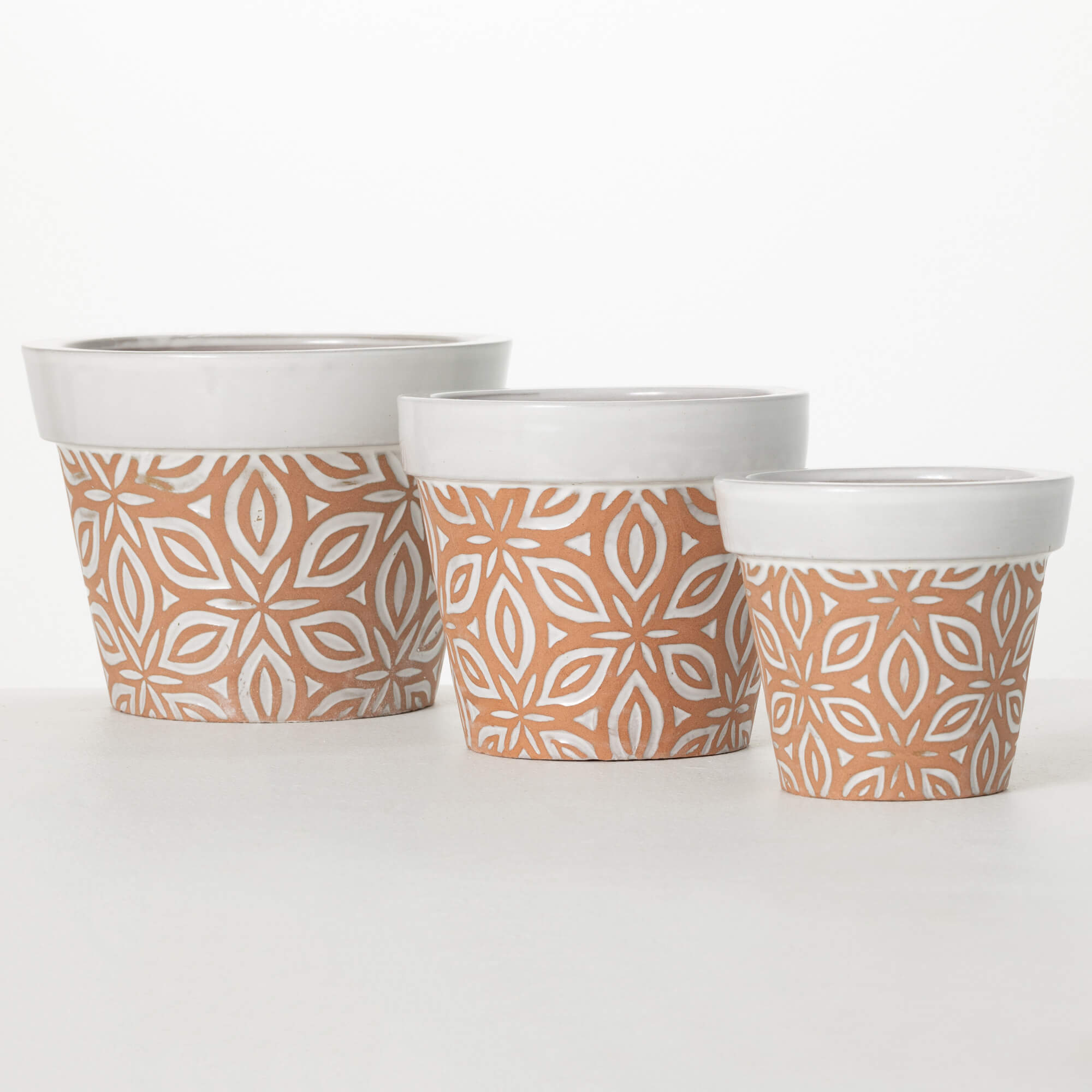 WHITE FLORAL PATTERN PLANTERS