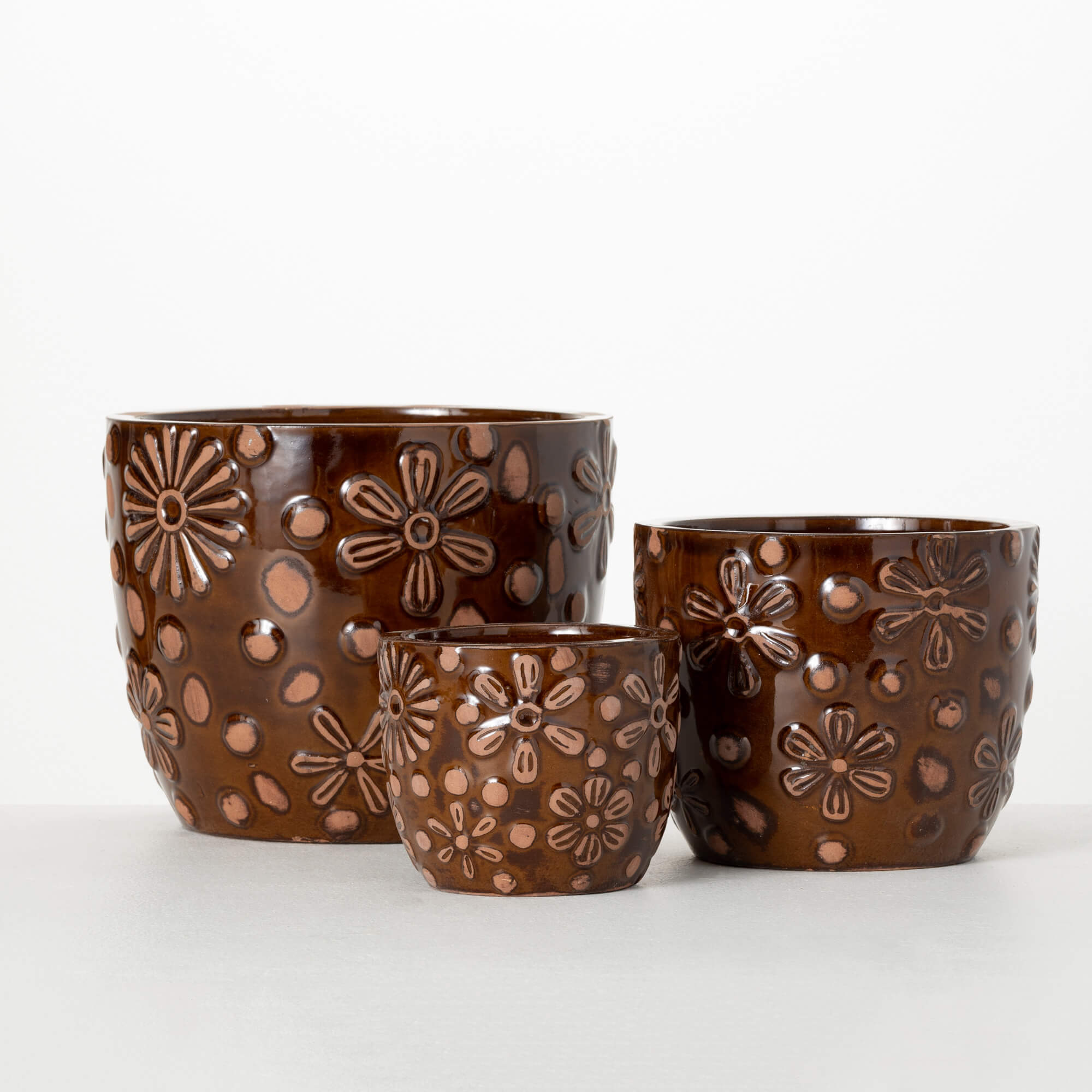 FLORAL EMBOSSED BROWN PLANTERS