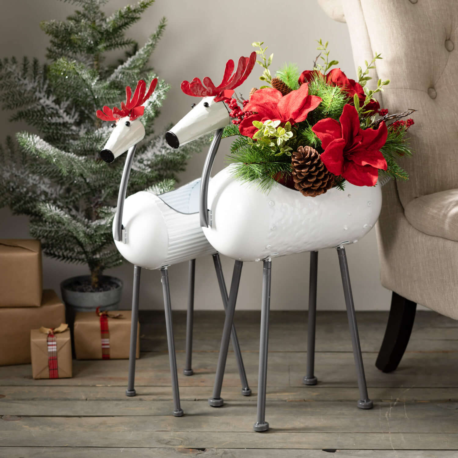 Wholesale Reindeer Container, Home Decor White-Red Metal | Sullivans