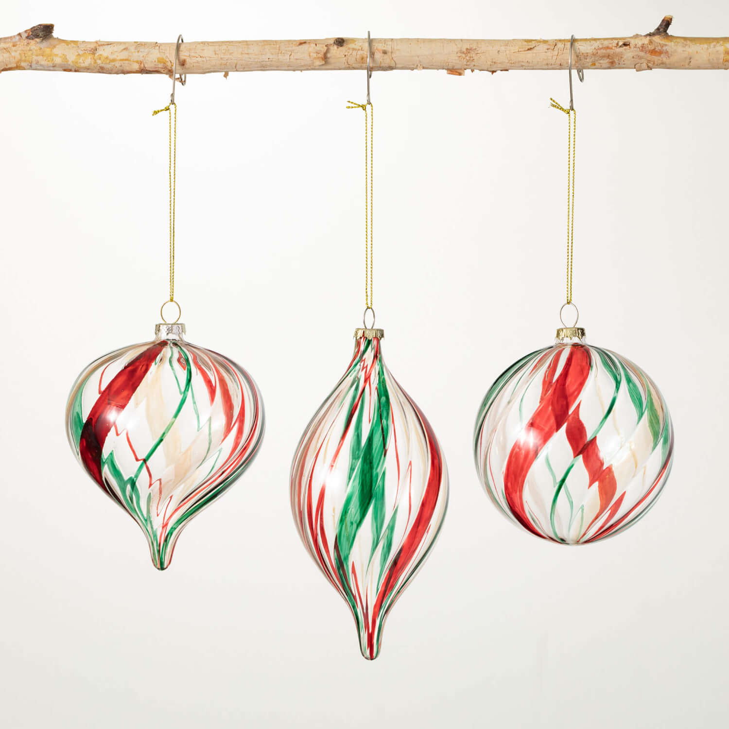 GREEN RED STRIPED ORNAMENT SET
