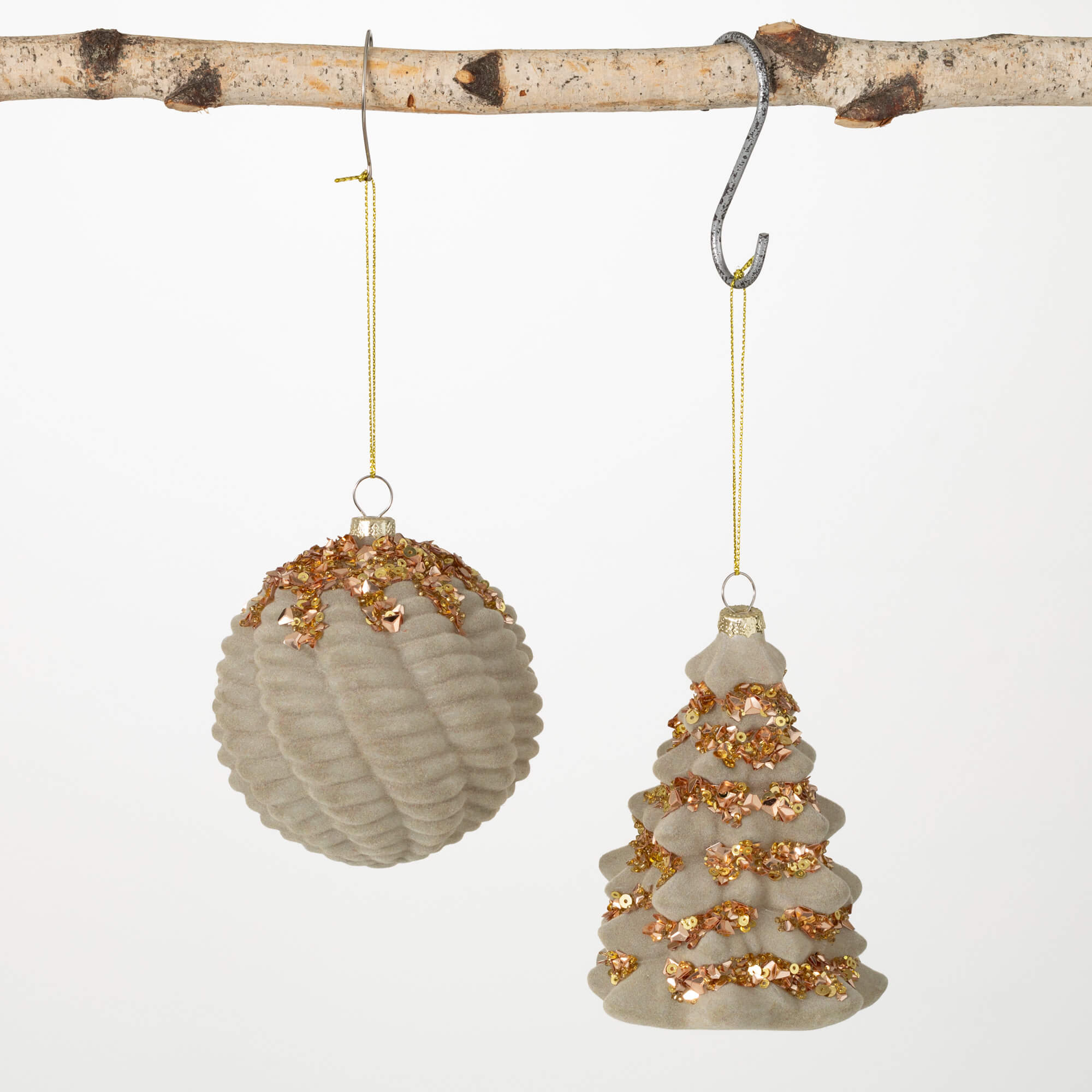 GOLD FLOCKED ORNAMENT SET 2