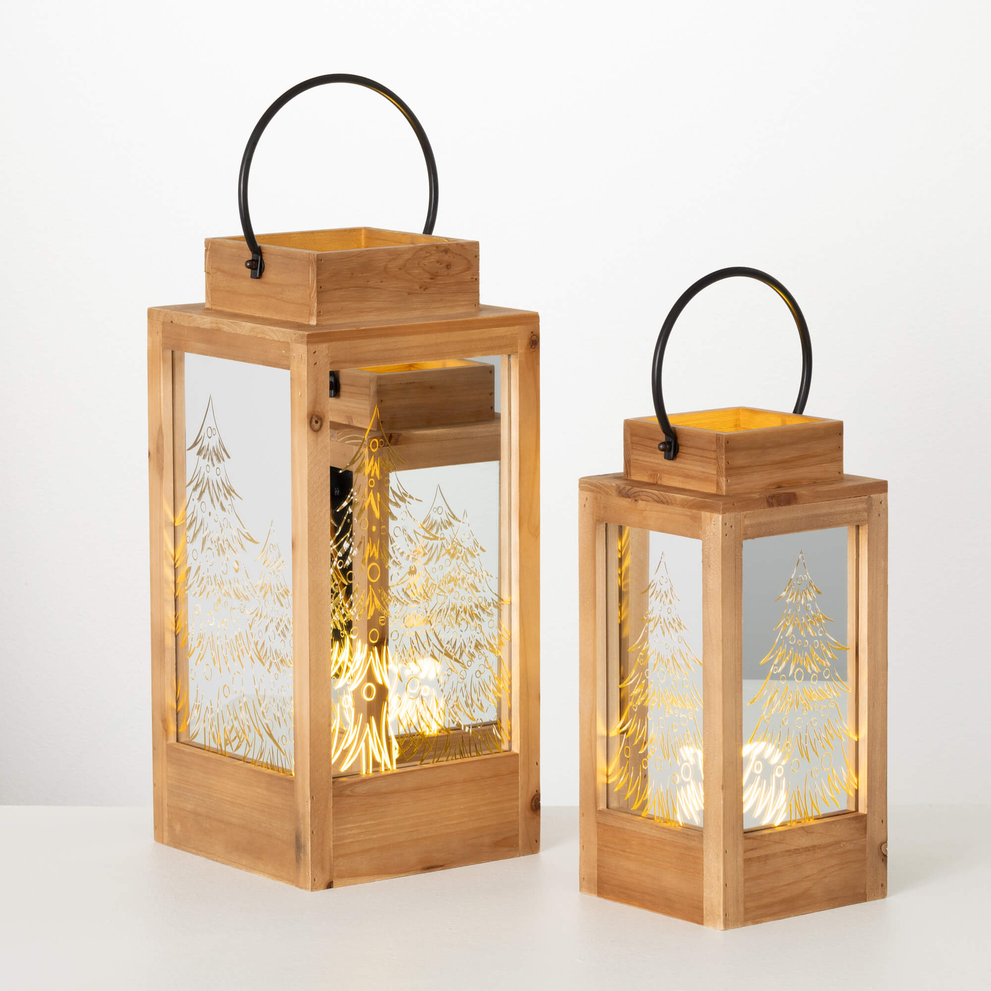 LED WOOD TREE LANTERN SET OF 2