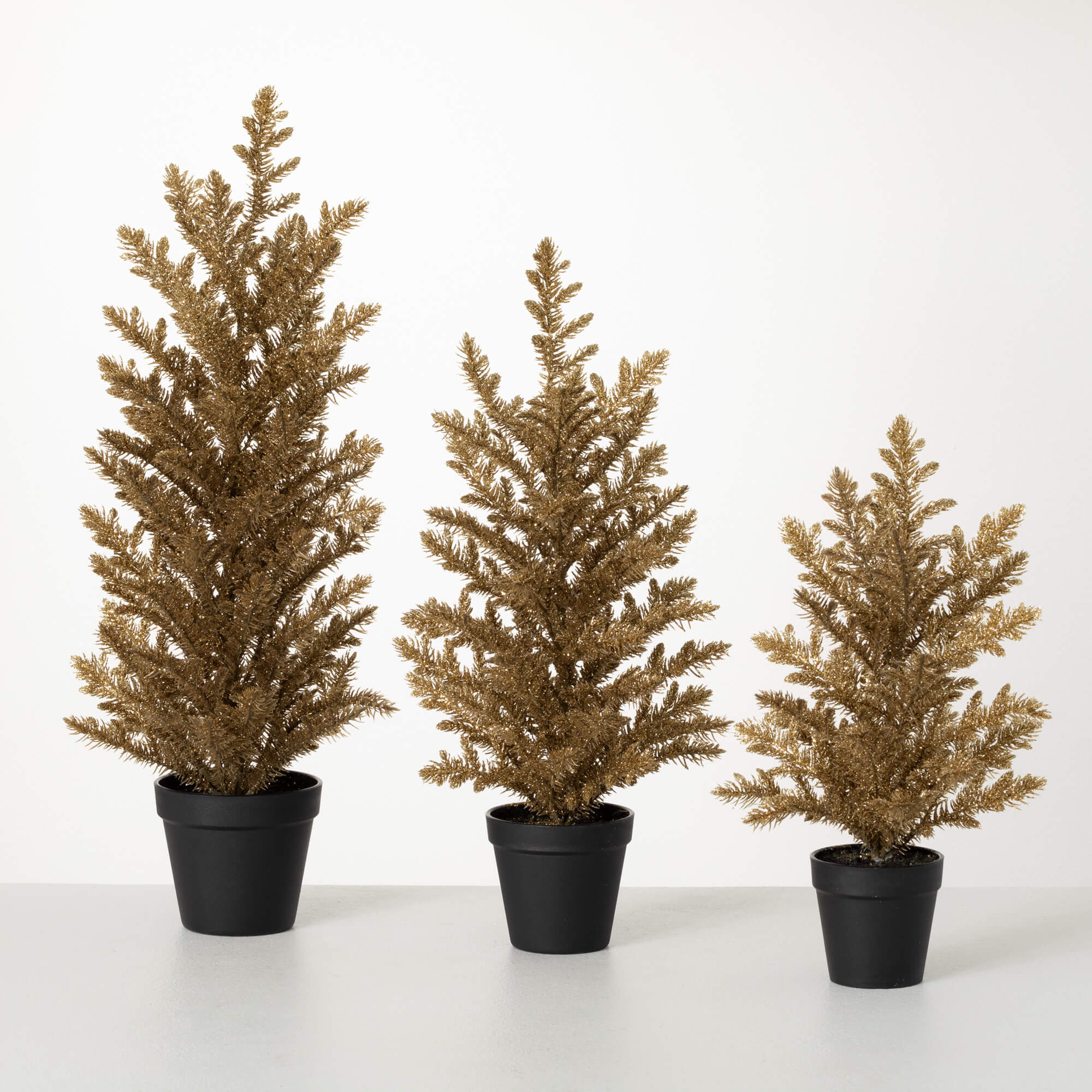 POTTED GOLD PINE TREE SET OF 3